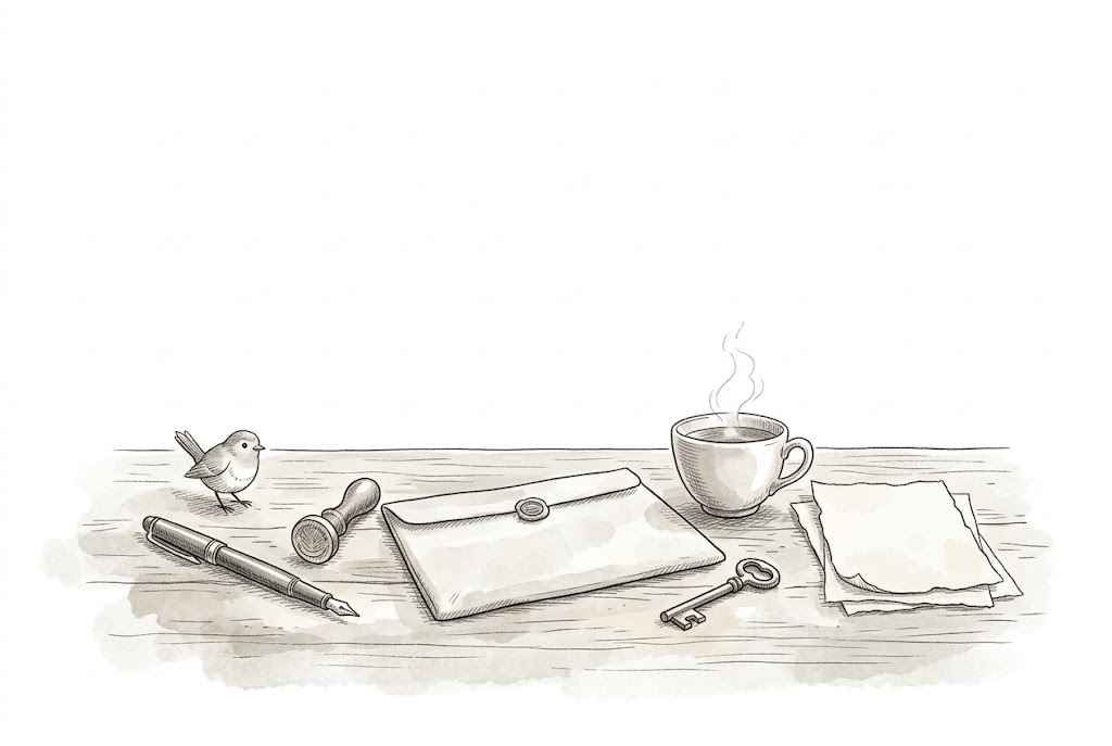 Stift, Siegel, Hülle und eine heiße Tasse Tee auf dem Schreibtisch
