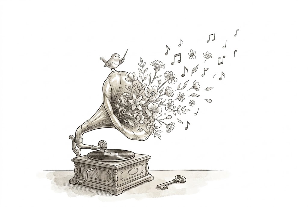 Grammophon mit Blumen für die musikalische Abschiedsgestaltung