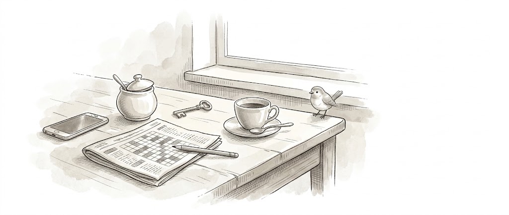 Gesperrtes Smartphone liegt auf einem Küchentisch neben einer Kaffeetasse